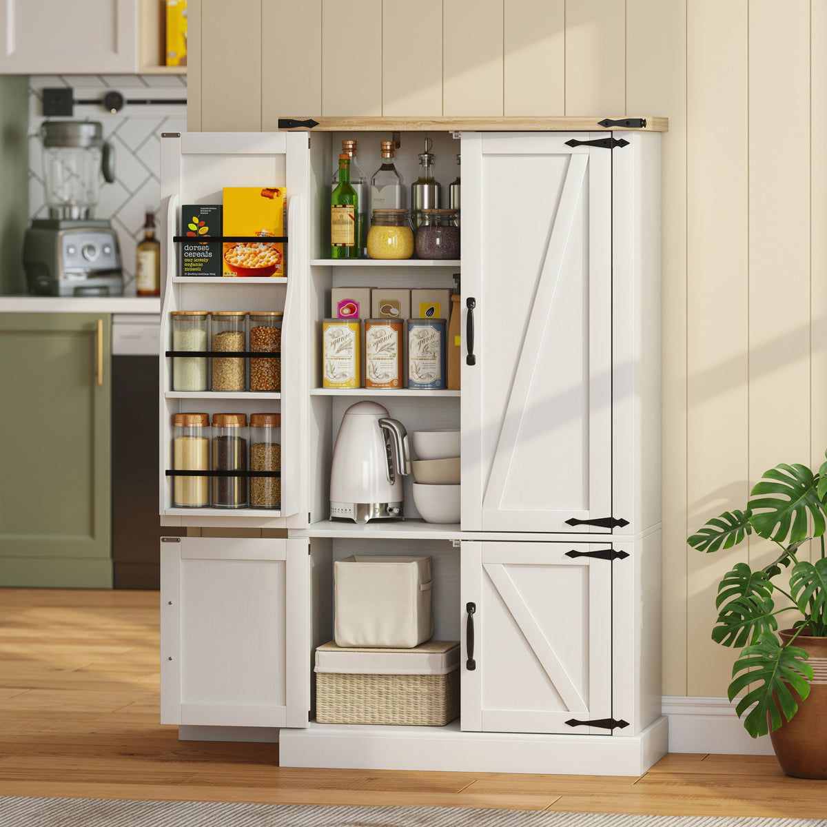 Buffet de cuisine, armoire de cuisine avec 4 portes, 6 porte-épices et étagères réglables, 76,3 x 40 x 136 cm, blanc