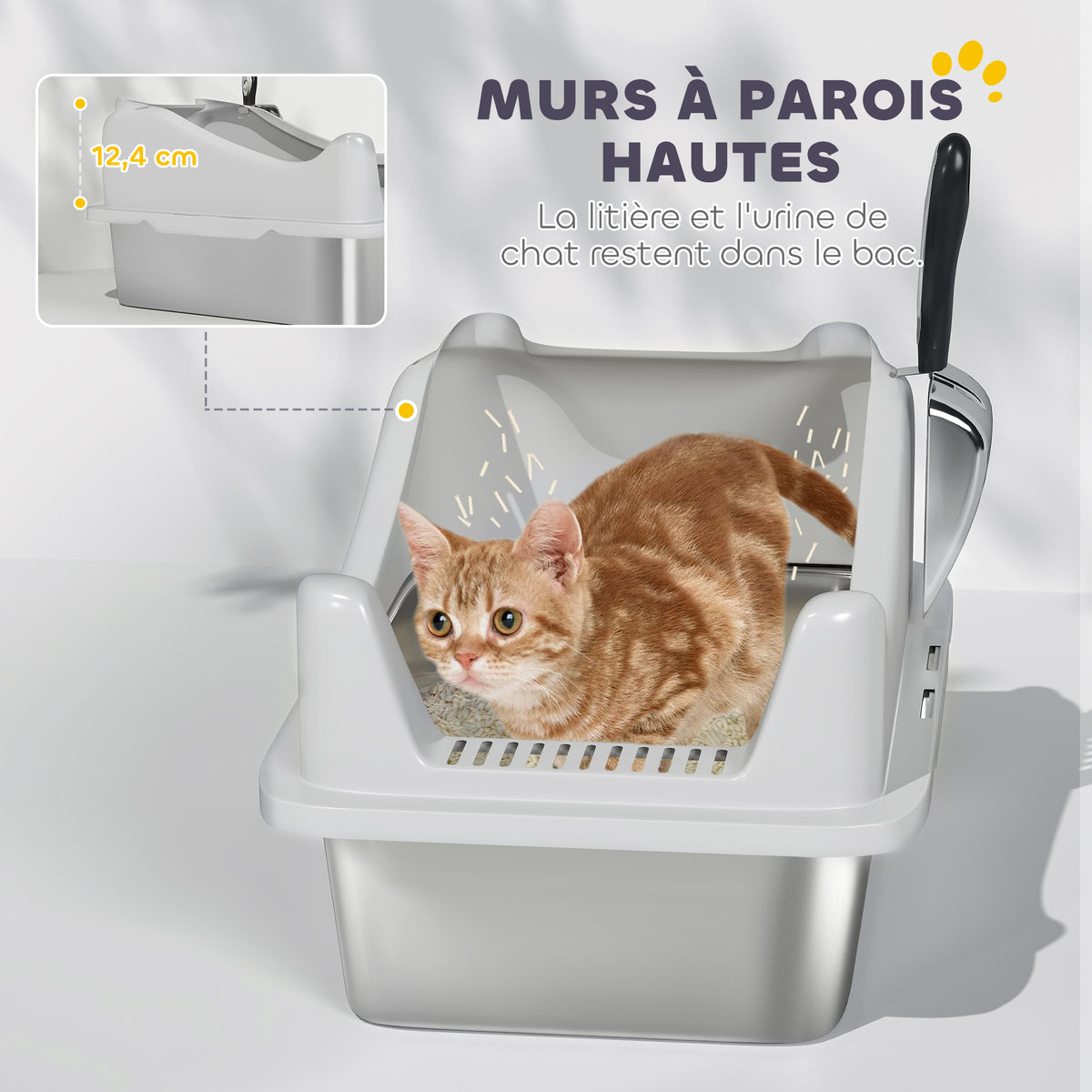 Bac à litière en acier inoxydable, maison de toilette pour chat, bords hauts, nettoyage facile, 43,1x33,2x25,4cm, gris