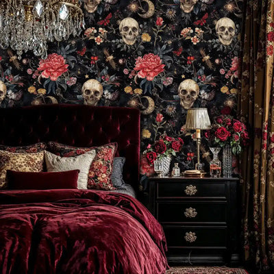 Gothic Celestial Skulls and Florals Wallpaper
