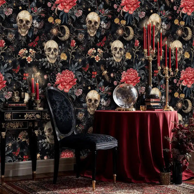 Gothic Celestial Skulls and Florals Wallpaper