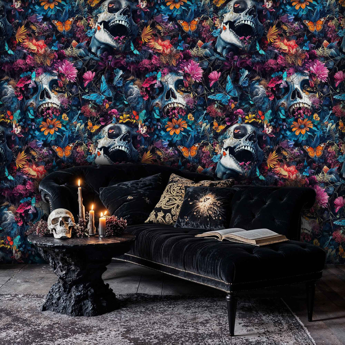 Gothic Skulls and Botanical Blooms Wallpaper