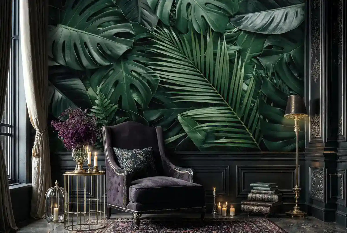 Dark Tropical Jungle Leaves Wall Mural