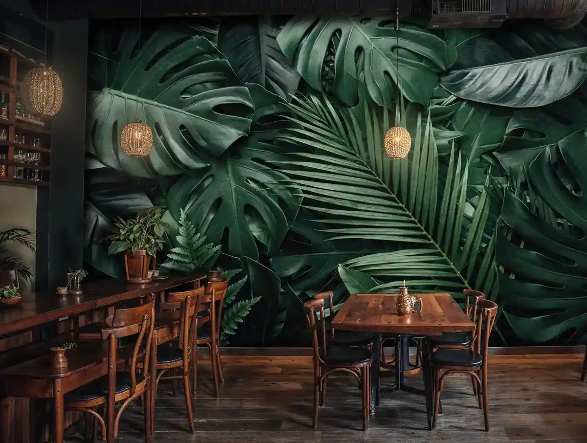 Dark Tropical Jungle Leaves Wall Mural