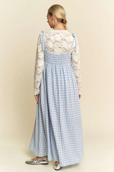 Davi & Dani Plaid Smocking Sleeveless Maxi Dress