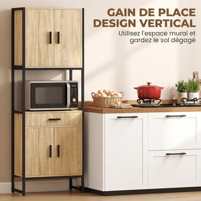 Buffet Haut Cuisine, Armoire de Cuisine, 4 Portes à Fermeture Douce, Tiroir, Plan de Travail, 60x30x170cm, Bois Naturel