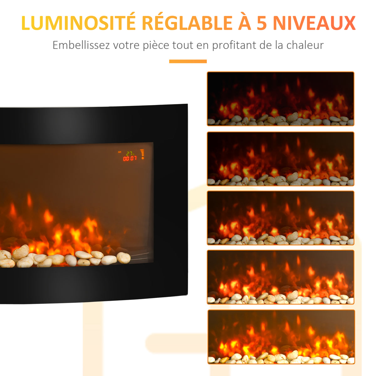 Cheminée électrique Murale éclairages latéraux LED Design Avant-gardiste Affichage LED avec télécommande et minuterie 1000/2000 W luminosité réglable Noir