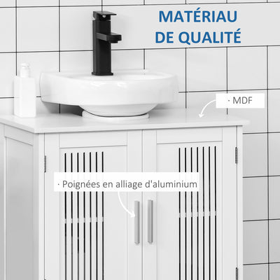 Meuble sous lavabo salle de bain - meuble sous-vasque - 2 portes rainurées avec étagère réglable - poignées alliage aluminium - dim. 60L x 30l x 60H cm - MDF blanc