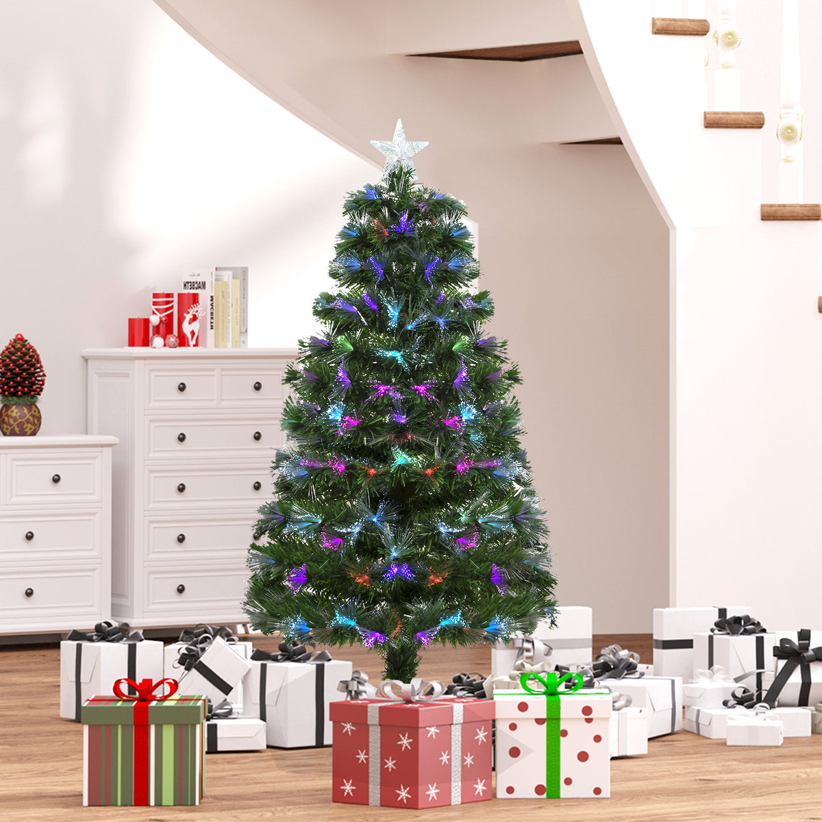 Sapin de Noël Artificiel Arbre de Noël Lumineux 120cm en Fibre Optique Deco Noël lumière à Variation de Couleurs 130 LED Vert