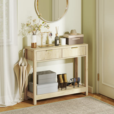 Console meuble 90 cm, table console étroite avec 2 tiroirs rainurés et étagère, style moderne, bois naturel