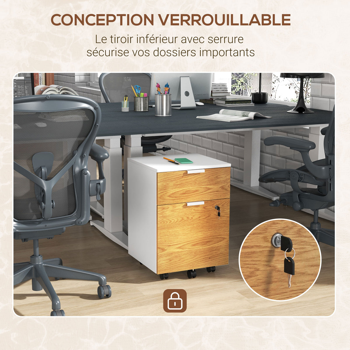 Caisson de bureau, meuble de rangement 2 tiroirs 2 barres pour dossier suspendu, verrouillable avec 2 clés 42x40x60 cm