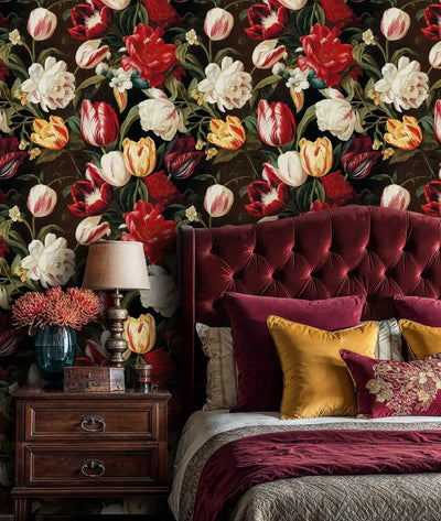 Dark Botanical Tulips and Peonies Wallpaper