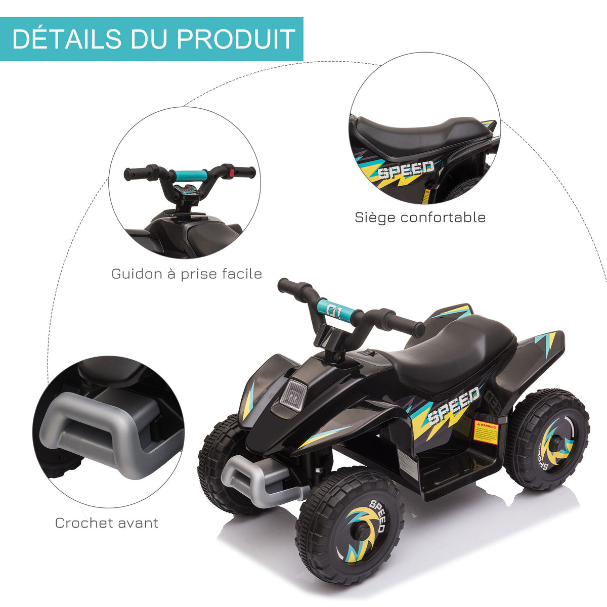 Quad électrique pour enfants 18-36 mois véhicule à batterie 6V avec marche avant et arrière 72 x 40 x 45,5 cm noir