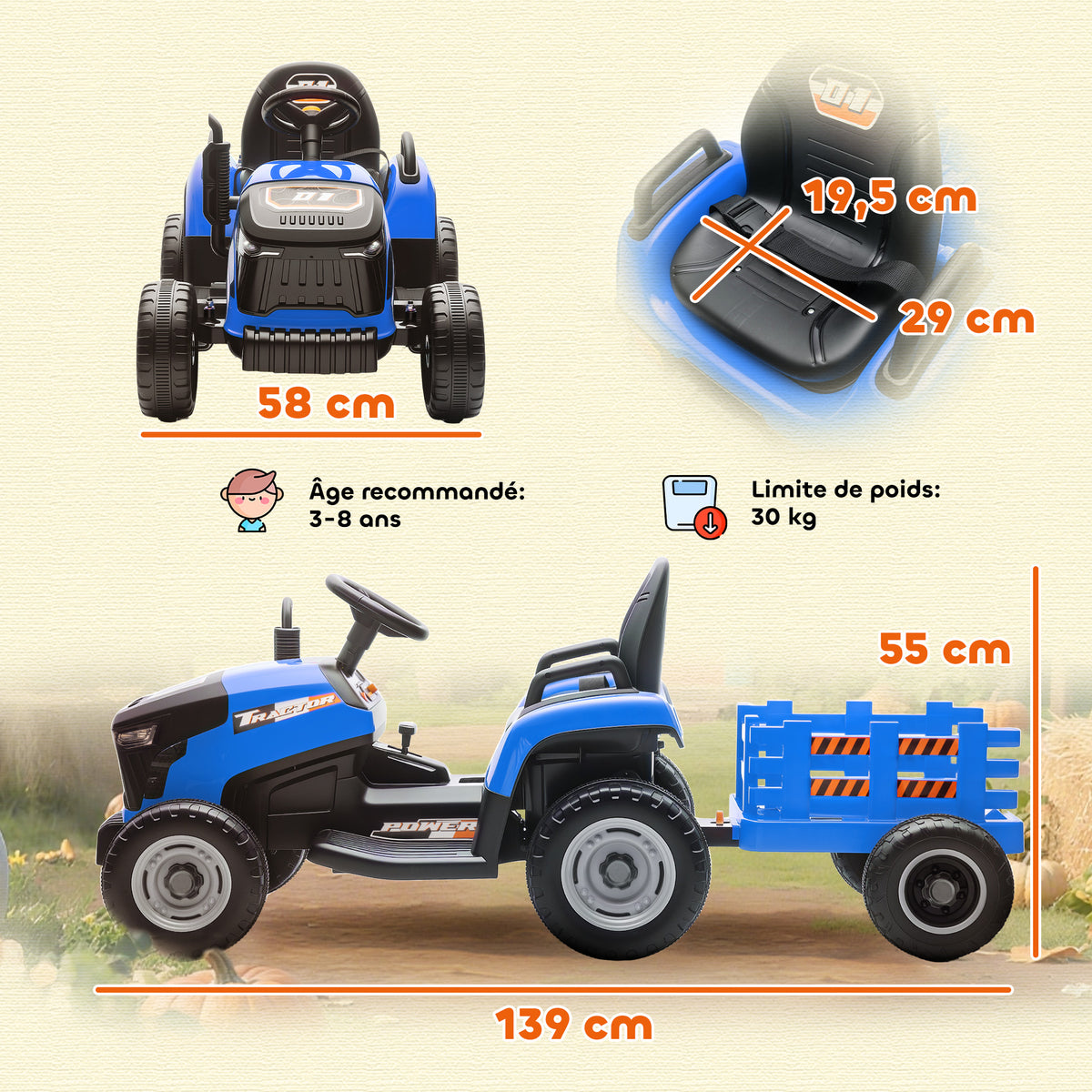 Tracteur électrique enfants avec remorque amovible, voiture électrique enfants, télécommande 2,4G, 139x58x55cm, bleu