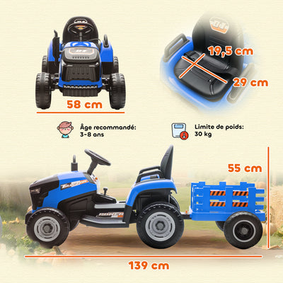 Tracteur électrique enfants avec remorque amovible, voiture électrique enfants, télécommande 2,4G, 139x58x55cm, bleu