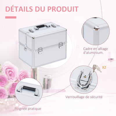 Mallette maquillage valise maquillage à 3 niveaux, boîte de cosmétiques avec clés, 36,5 x 24 x 29 cm, argent