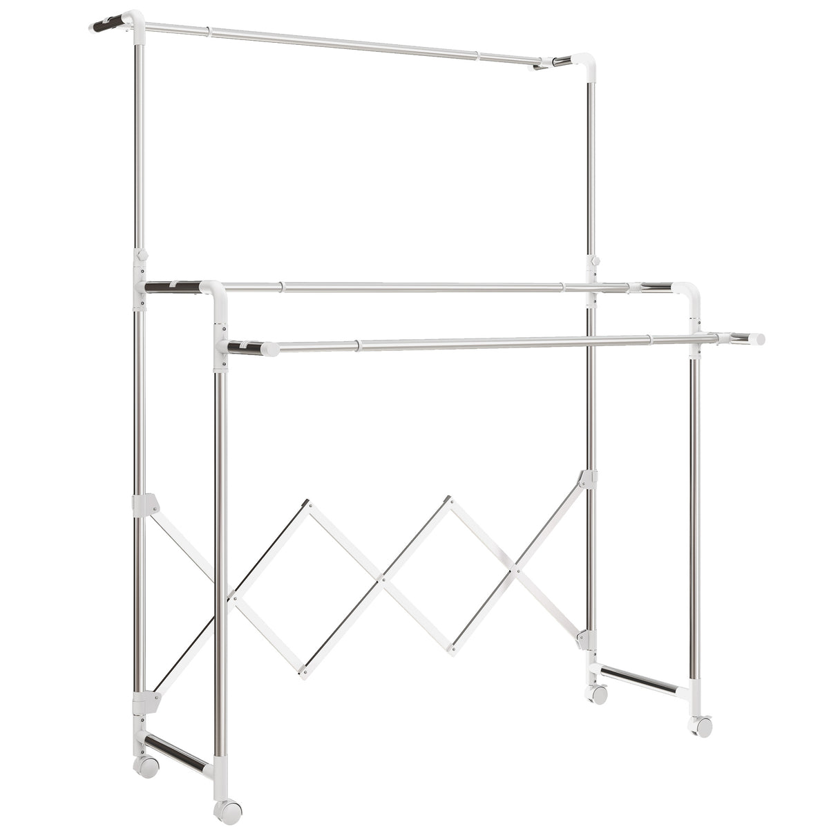 Séchoir à linge pliable étendoir linge intérieur à 3 barres réglables et 4 roulettes 104-150 x 103 x 145-197 cm argent