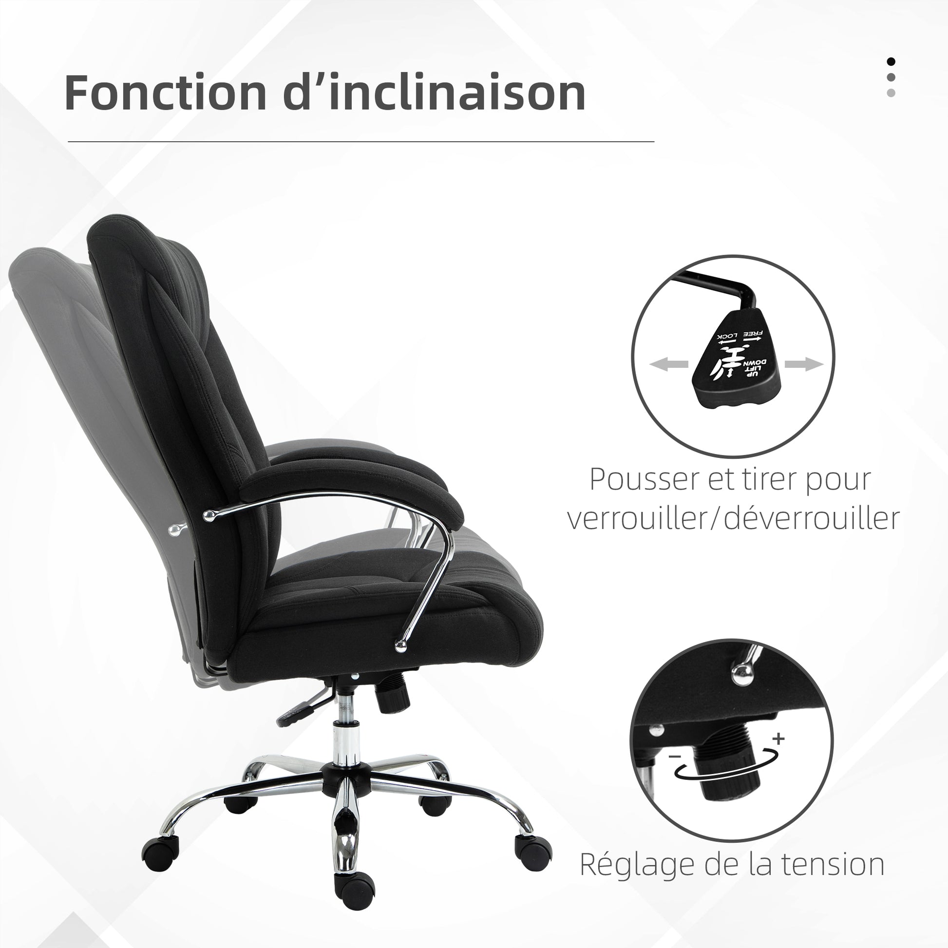 Fauteuil de bureau, chaise de bureau ergonomique, hauteur réglable, dossier haut, fonction de bascule, 65x78x118cm, noir