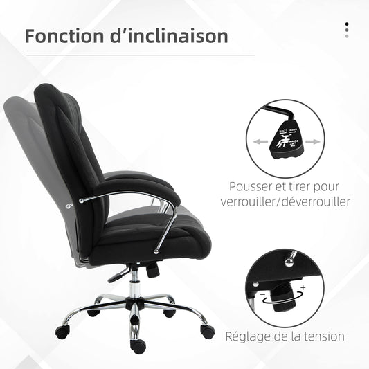 Fauteuil de bureau, chaise de bureau ergonomique, hauteur réglable, dossier haut, fonction de bascule, 65x78x118cm, noir