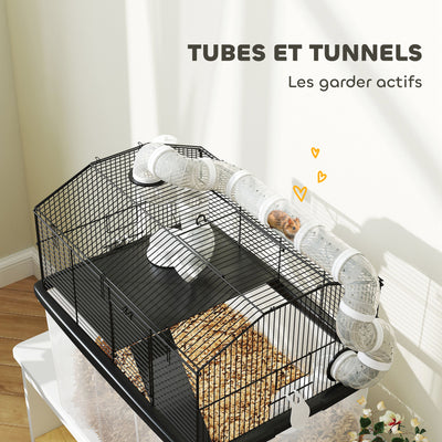 Cage pour hamster portable cage pour hamster avec rampe, gamelle, bouteille d'eau système de tuyaux 58 x 43 x 57 cm noir