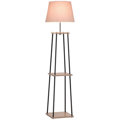 Lampadaire design contemporain dim. 40L x 40l x 160H cm 40 W max. 3 étagères intégrées bois massif pin métal noir lin beige