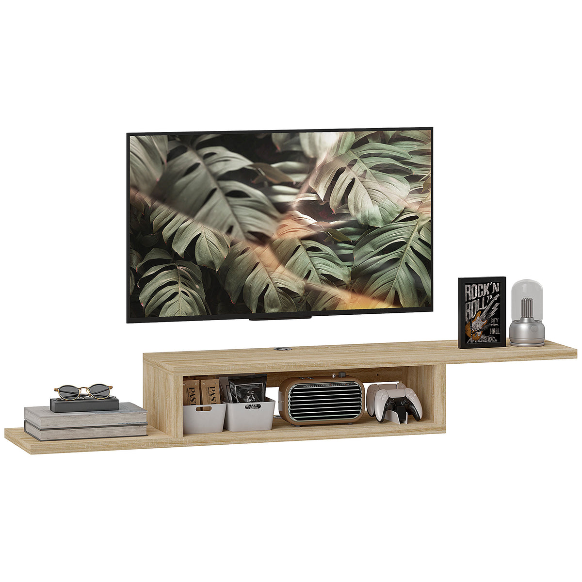 Meuble TV mural flottant suspendu support TV - étagère murale flottante - niche, passe-fils - chêne clair