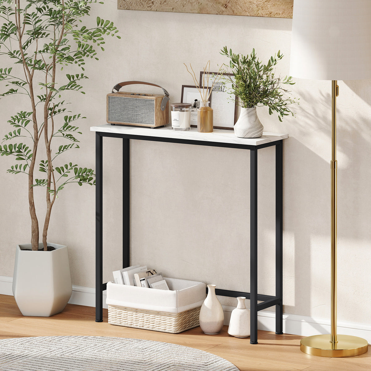 Console meuble 75 cm, table console plateaux en effet marbre, cadre en métal, style moderne blanc et noir