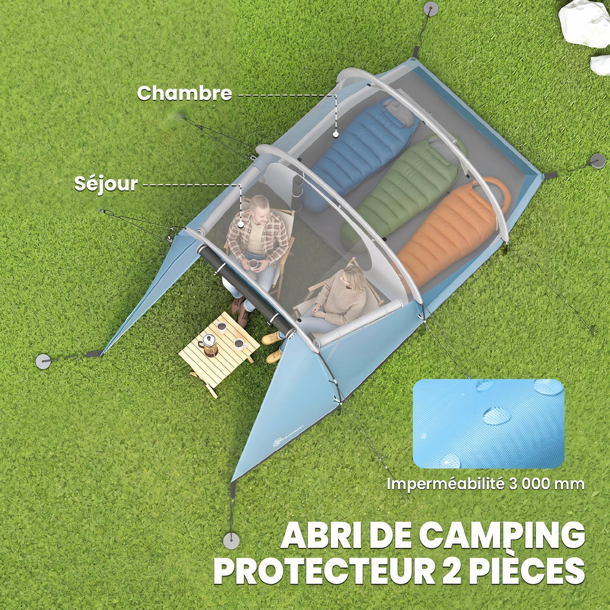 Tente de camping familiale 3 personnes, tente tunnel imperméable, 2 portes fenêtres, ventilée 4,6 x 2,6 x 1,9 m, bleu