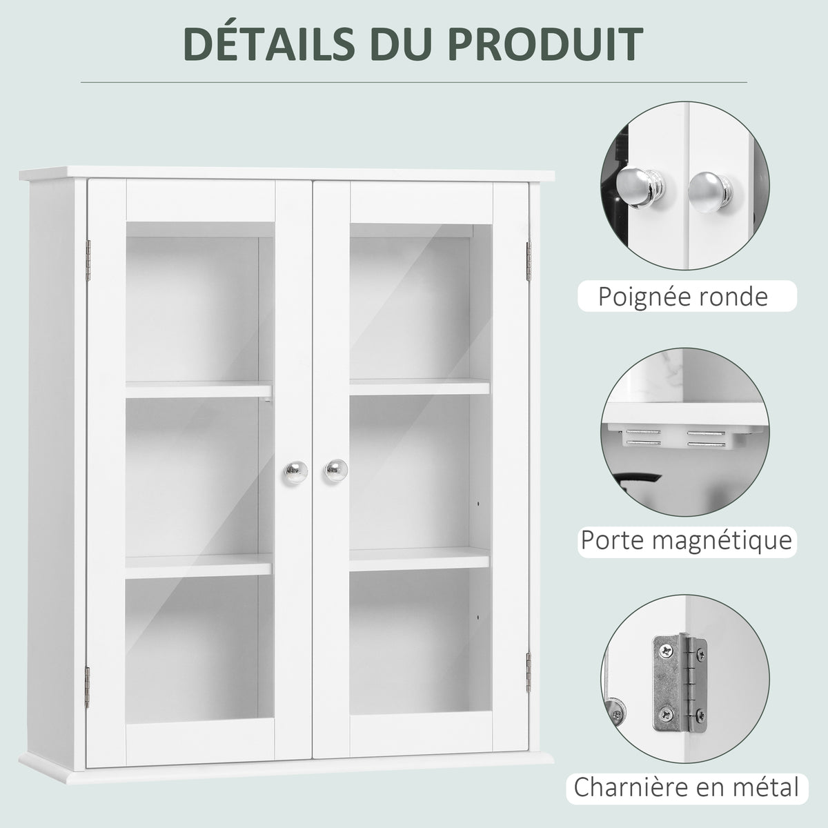 Armoire murale de salle de bain, meuble haut salle de bains avec 2 portes en verre, étagère réglable, 55x20x65cm, blanc