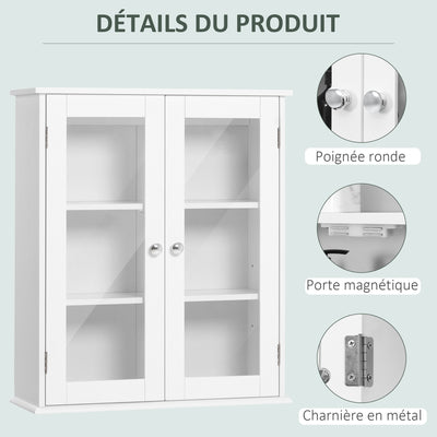 Armoire murale de salle de bain, meuble haut salle de bains avec 2 portes en verre, étagère réglable, 55x20x65cm, blanc
