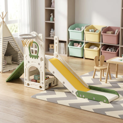 Toboggan pour Enfant Pliable 5-en-1 avec Escalade, Panier de Basket, Espace de Rangement et Ballon, Crème