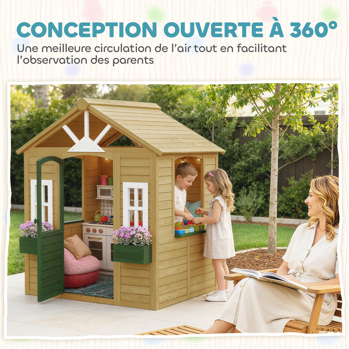 Cabane enfant extérieur en bois, maison enfant extérieure avec porte, fenêtres, 2 bacs à fleurs, 134,5x97x150cm, marron