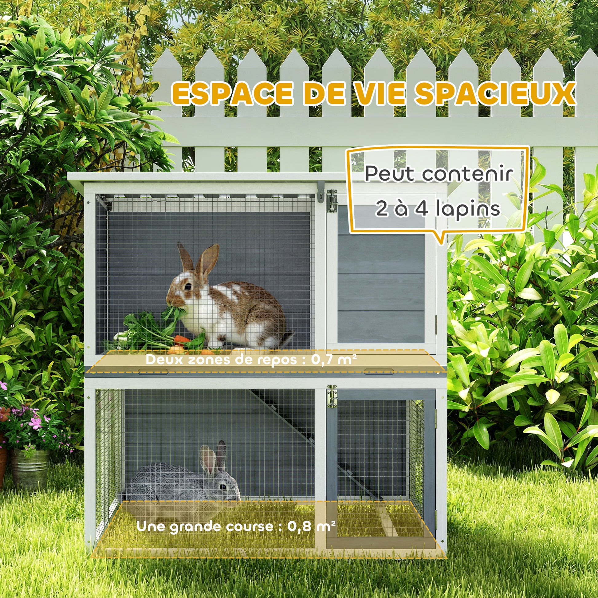 Clapier lapin extérieur cage à lapin 2 étages spacieux toit double ouverture plateau amovible 98x95x102,5cm gris