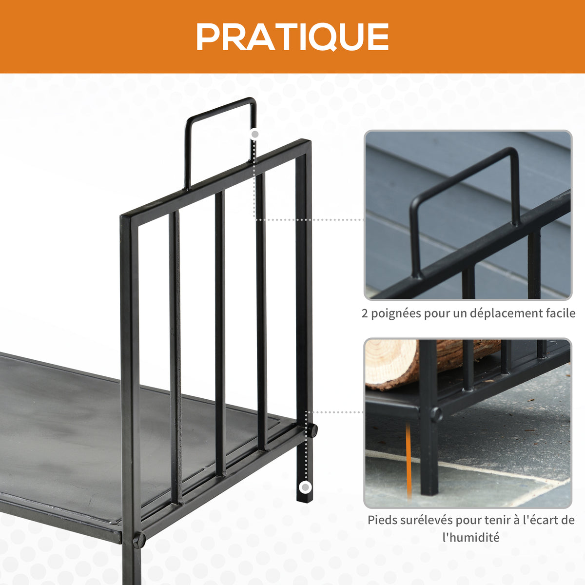 Range bûches Porte-bûches Etagère porte bois de cheminée charge max. 15 Kg dim. 44L x 33l x 46H cm métal époxy noir