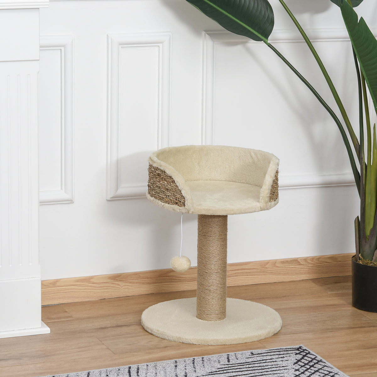 Arbre à chat arbre à grimper grattoir design jeu pompon suspendu + plateforme peluche 40 x 40 x 49 cm sisal beige