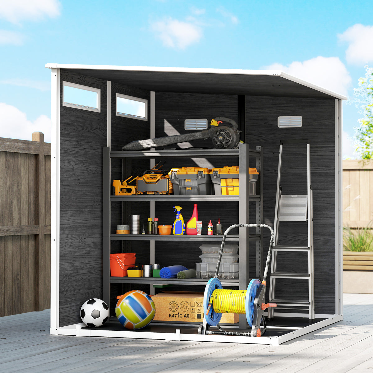Abri de Jardin Cabanon de Stockage Plancher Structure Aluminium 3 Fenêtres 2 Aérations 182x182x183cm Gris Effet Bois