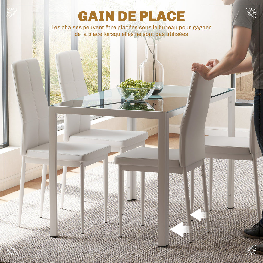 Ensemble table à manger et chaises pour 4 personnes, plateau rectangulaire en verre, pour cuisine salon maison, blanc Aosom