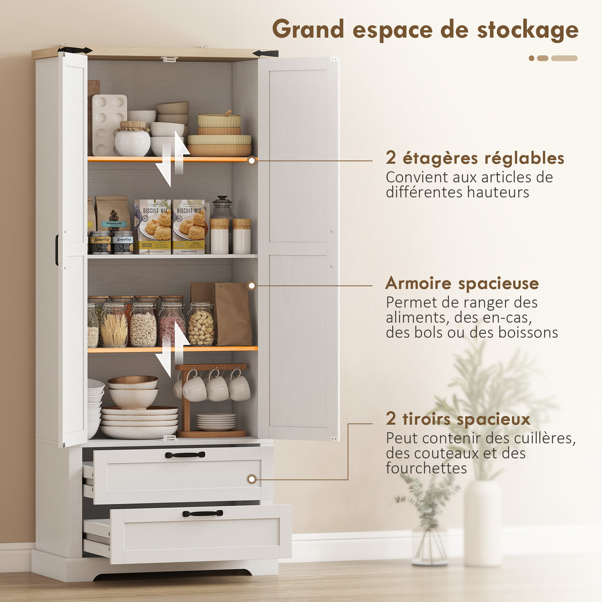Buffet haut cuisine, armoire de cuisine avec 2 portes, 2 tiroirs, étagères réglables, style rustique, 76x40x180cm, blanc