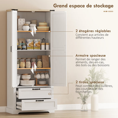 Buffet haut cuisine, armoire de cuisine avec 2 portes, 2 tiroirs, étagères réglables, style rustique, 76x40x180cm, blanc