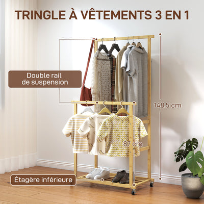 Portant à vêtements à roulettes, porte-manteau double barre en bambou avec étagère inférieure, 80x40x160cm, bois naturel
