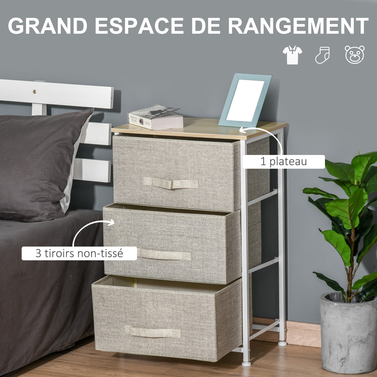 Meuble de rangement chiffonnier moderne 3 tiroirs en tissu, cadre en acier et MDF, 45 x 30 x 71 cm, gris