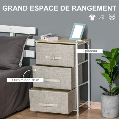 Meuble de rangement chiffonnier moderne 3 tiroirs en tissu, cadre en acier et MDF, 45 x 30 x 71 cm, gris