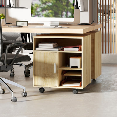 Support d'imprimante organiseur bureau caisson placard porte 3 niches + grand plateau panneaux particules bois naturel