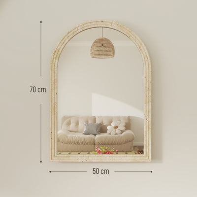 Miroir mural arqué, miroir moderne avec bord rainuré et crochets, verre trempé et polystyrène, 50 x 70 cm, beige