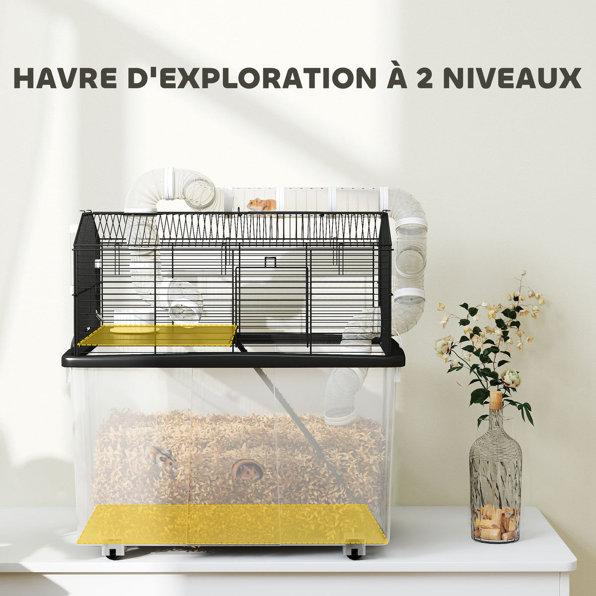Cage pour hamster portable cage pour hamster avec rampe, gamelle, bouteille d'eau système de tuyaux 58 x 43 x 57 cm noir