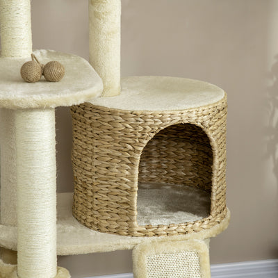Arbre à chats griffoir sisal naturel 2 niches plateforme hamac peluche jacinthe d'eau - 60 x 60 x 150 cm beige