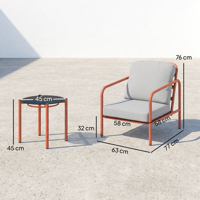 Salon de Jardin 3 Pièces, 2 Fauteuils, 1 Table Basse, Coussins Épais, Plateau en Verre Trempé, 63x77x76cm, Rouge Vineux