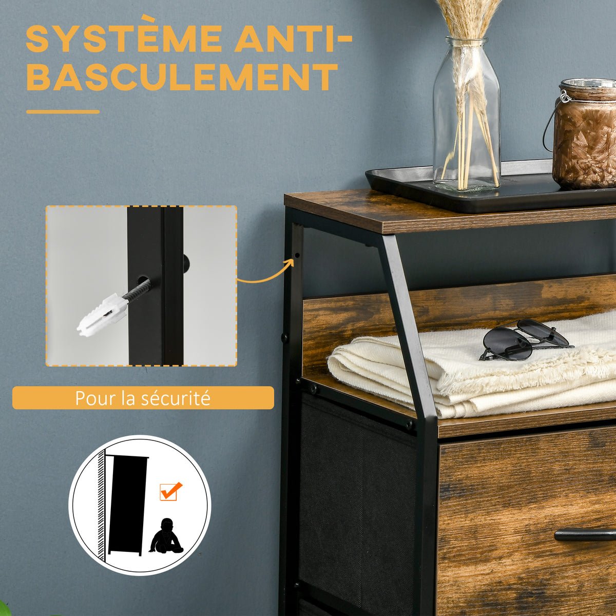 Meuble de rangement style industriel commode 3 tiroirs en tissu amovibles et 2 étagères - 44 x 29 x 92 cm - bois et métal