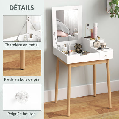Coiffeuse avec miroir table de maquillage style moderne - 2 tiroirs, miroir rabattable pour chambre à coucher, salon, 60 x 50 x 85,5 cm blanc