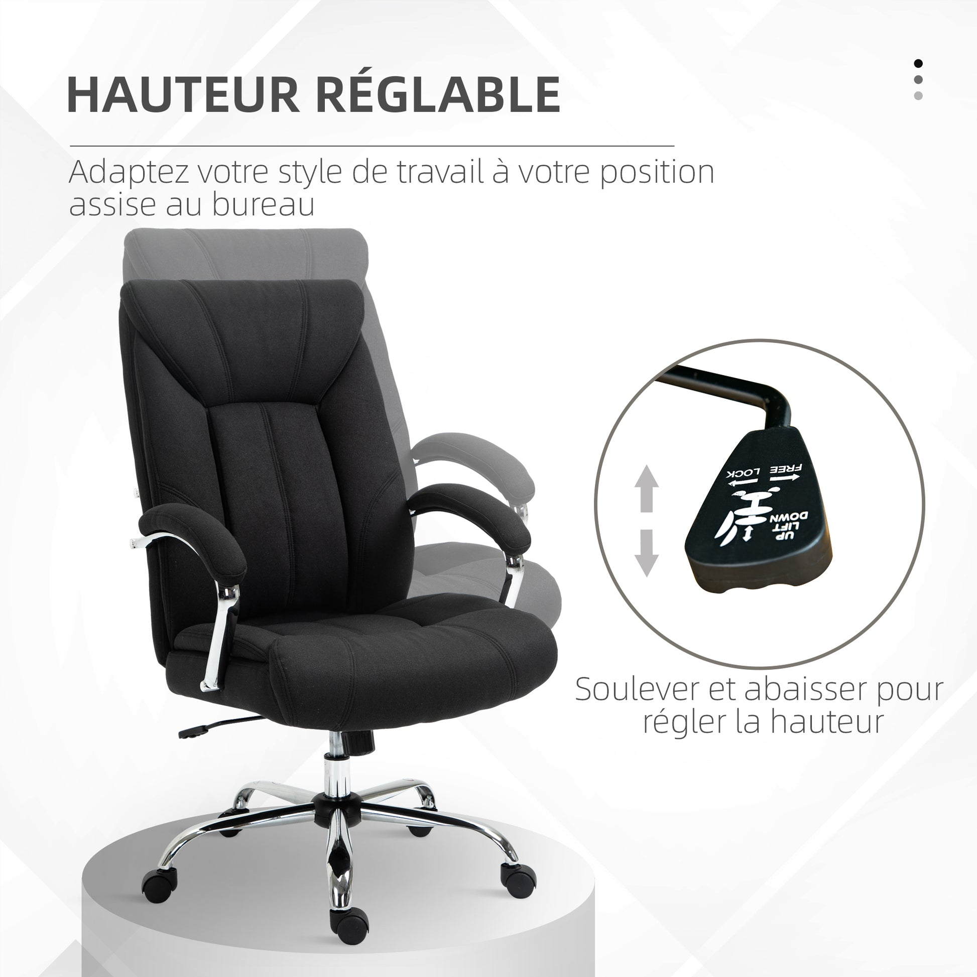 Fauteuil de bureau, chaise de bureau ergonomique, hauteur réglable, dossier haut, fonction de bascule, 65x78x118cm, noir