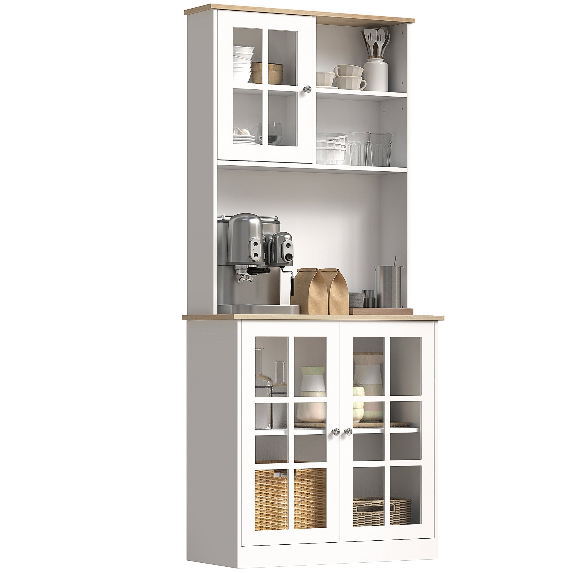 Buffet cuisine, meuble cuisine rangement haut, meuble de rangement avec plan de travail, 3 portes vitrées, 2